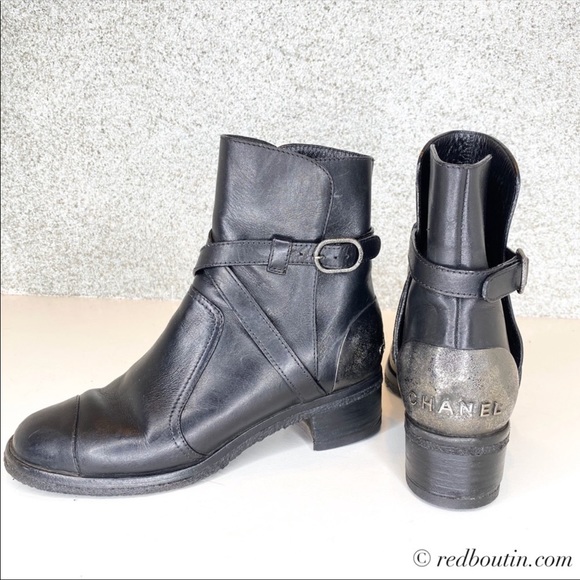 CHANEL Shoes - ♥️SOLD black leather Combat Boots Metal embossed